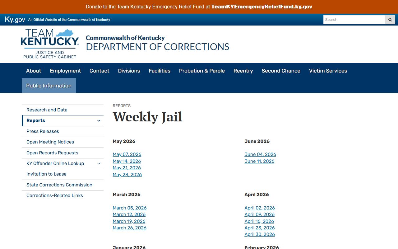 Scott County inmate population weekly jail reports in Kentucky DOC records