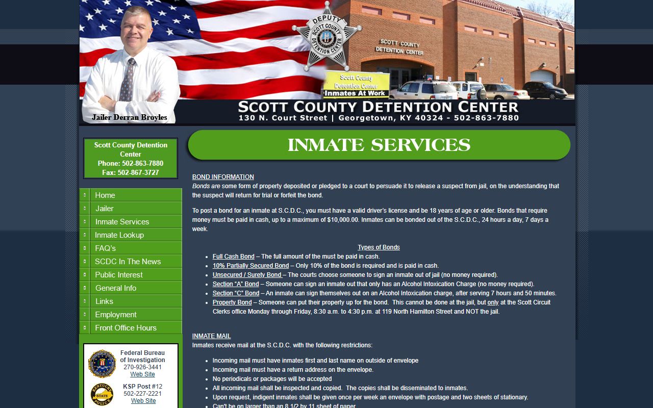 Scott County Detention Center inmate services for mail commissary and visitation