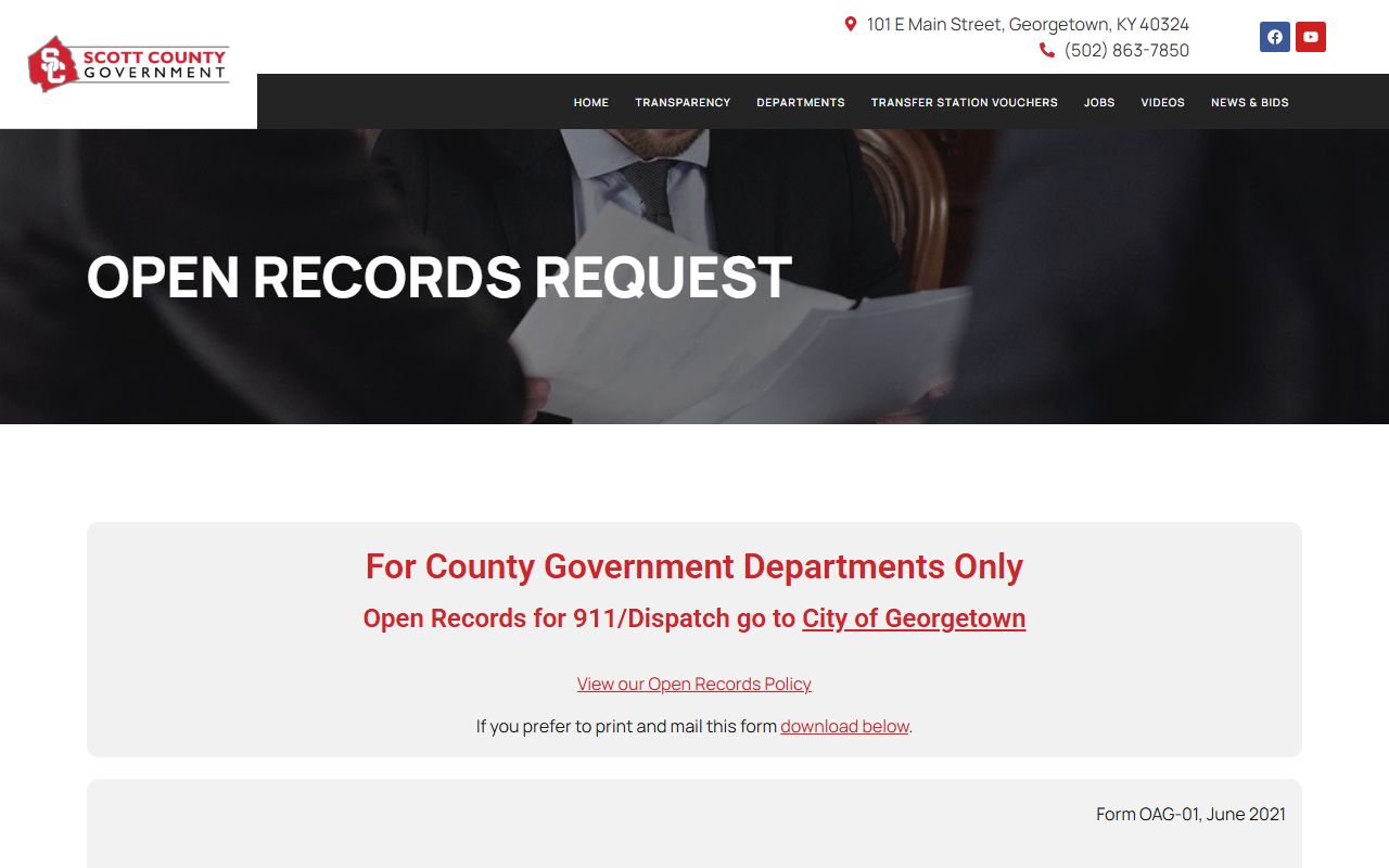 Scott County open records form for jail mugshot and booking photo requests